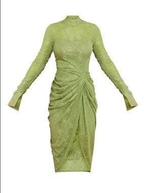 PrettyLittleThing Lime Green Lace High Neck Midi Dress - Size Medium